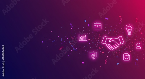 Neon business icons on a colorful background, symbolizing success and collaboration.