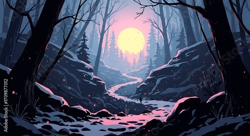 Winter Forest Path Sunlight.