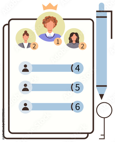 Ranking candidates on a clipboard, highlighting the selected top candidate with a crown icon. Ideal for hiring, leaderboard, performance assessment, team roles, competition, evaluation, simple flat