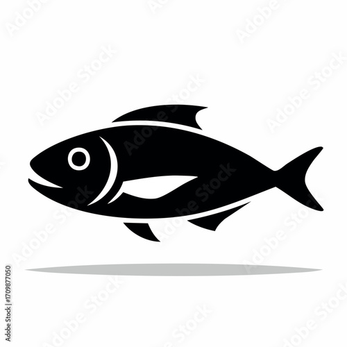 A stylized black fish icon, depicted in profile with simple, clean lines, casting a shadow.