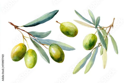 Wallpaper Mural Watercolor illustration of olive branches with olives and leaves (1) Torontodigital.ca