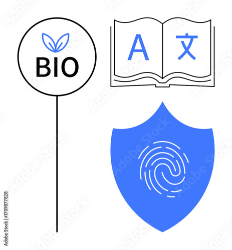 Organic label with leaf, open book with multilingual letters, and fingerprint on shield. Ideal for eco-consciousness, education, language, protection, identity, biometrics sustainability concepts