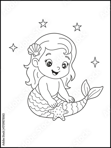 Cartoon Mermaid  Holding Starfish. Easy Coloring Page for Toddlers. Black and White Line Art for Kids' Fantasy-Themed Coloring Pages and Ocean Education