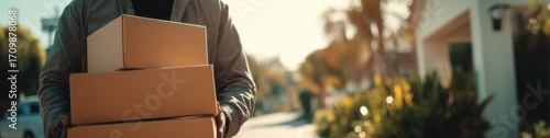 Delivery person carrying stacked boxes on a sunny day in a residential neighborhood