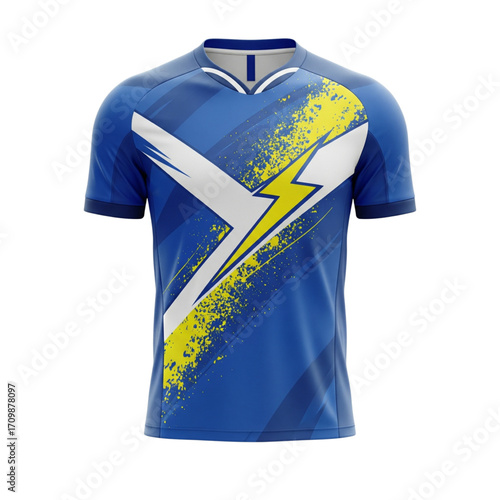 Dynamic Blue Sports Jersey Yellow Lightning Bolt White V-Neck Short Sleeve Athletic Top Mens Team Uniform Activewear