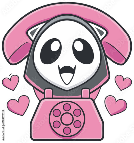 Cute Panda Character on Vintage Pink Rotary Phone with Hearts animal