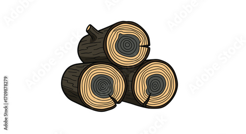 A stack of three logs piled up forming a triangular shape for storage or fuel.