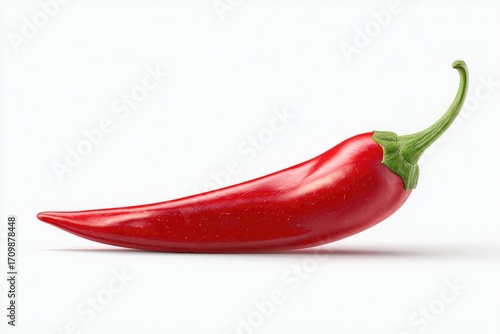 Single red chili pepper, vibrant color, smooth texture,  lying on a white background