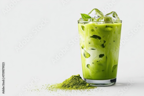 Iced matcha latte in a glass, with matcha powder