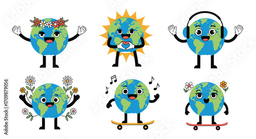 A collection of cartoon earth characters expressing joy and celebration with various accessories and activities.