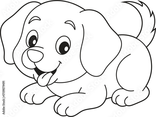 Puppy Coloring Page for Kids Featuring a Happy Cartoon Dog with Tongue Out. Fun and Easy Animal Activity Sheet for Children and Toddlers
