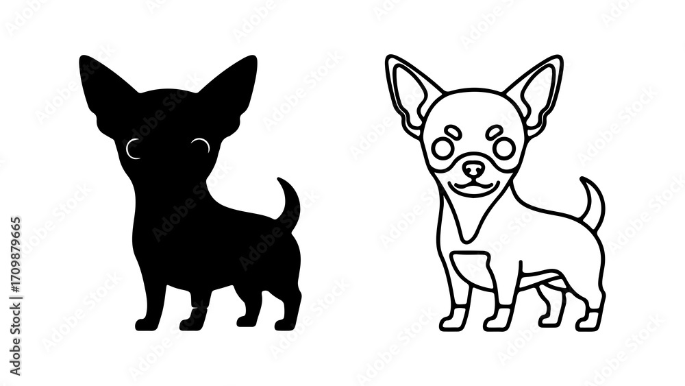 Fototapeta premium Chihuahua dog silhouette and outline illustration on white background.