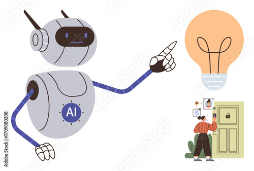 AI robot points to bright idea bulb, assisting person scanning face at door lock. Ideal for AI innovation, technology, smart solutions, problem-solving, futuristic ideas, efficiency, simple flat