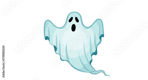 A friendly translucent ghost floating eerily through the night with a surprised expression.
