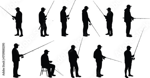 Fishing silhouettes collection, anglers with fishing rods, sitting and standing poses, catching fish, outdoor recreation, hobby, sport, lifestyle illustration