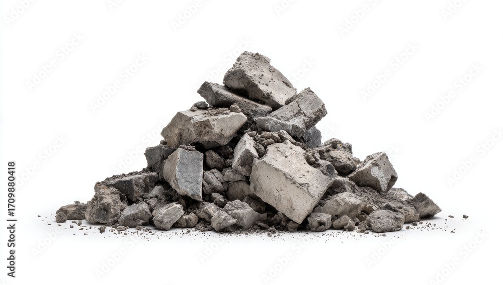 Fototapeta premium Pile of broken concrete and rubble against white background