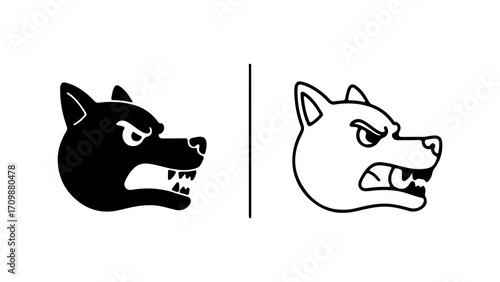 Angry dog head icon in black silhouette and white outline style.