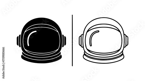 Astronaut space helmet icon set in silhouette and outline style.
