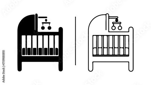 Baby Crib Icons Black Silhouette and Outline Design.