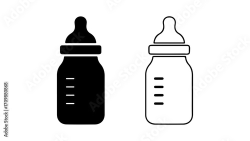 Baby Bottles Black and White Vector Illustrations for Infant Feeding.