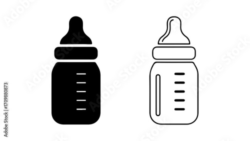Baby feeding bottle icon set in solid and outline style.