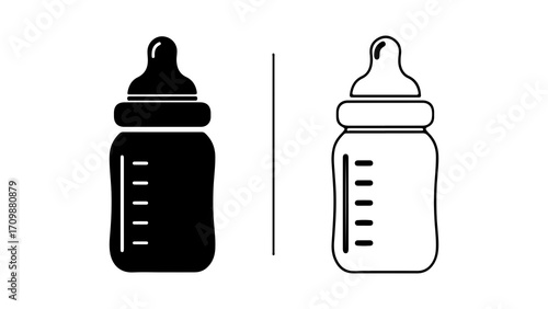 Baby feeding bottle icon set in solid and outline style 1.