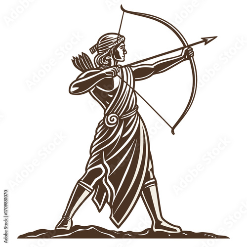 Illustration of a classic archer in vintage style, draped in traditional garb, drawing back his bow and aiming an arrow, perfect for historical or cultural themes