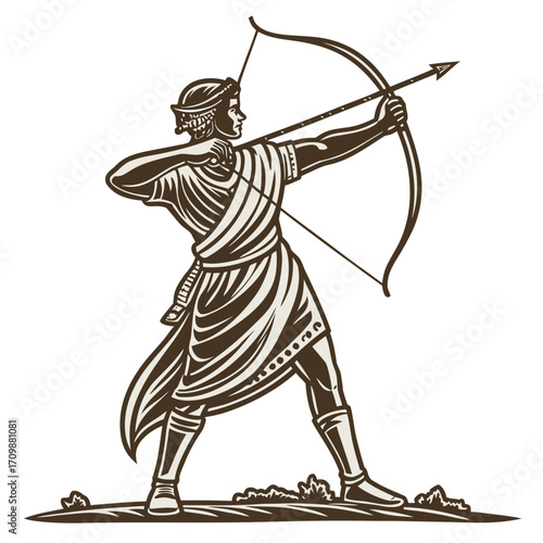 Illustration of a classic archer in vintage style, wearing a tunic and boots, drawing back his bow and aiming an arrow, ideal for historical or fantasy themes