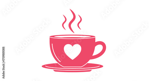 A warm cup of coffee with a heart symbol on it in a pink color.