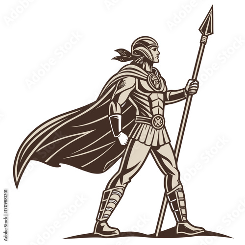 Illustration of a gladiator warrior standing with a spear and cape, he is wearing a helmet and armor, and has a determined look on his face the gladiator is a fierce fighter