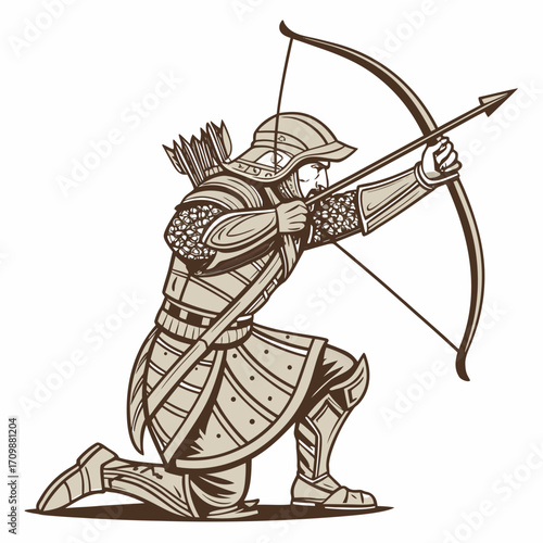 Illustration of a medieval archer in armor kneeling and aiming his bow and arrow, the archer is depicted in a vintage style with intricate details