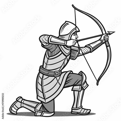 Illustration of a medieval archer in full armor, kneeling and aiming his bow with precision, showcasing the strength and skill of a warrior