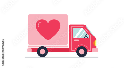 A cheerful pink truck delivering love and happiness with a large heart on its side.