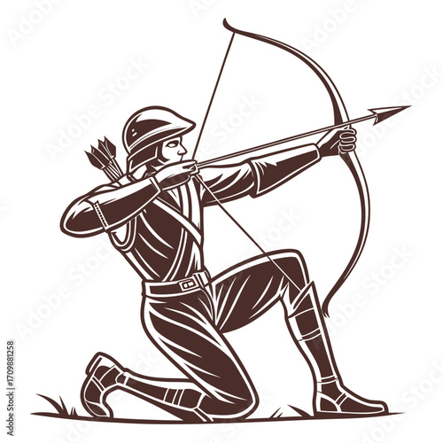 Illustration of a medieval archer in helmet aiming with a bow and arrow, kneeling with a serious expression, showcasing the discipline and training of a historical soldier