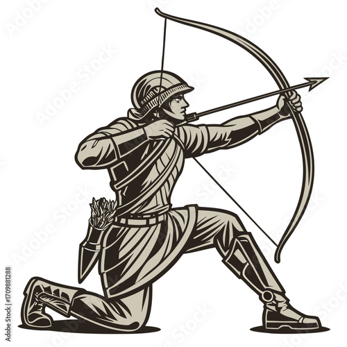 Illustration of a medieval archer kneeling and aiming with a bow and arrow the archer is wearing a helmet and armor, and the bow and arrow are drawn tight, ready to fire