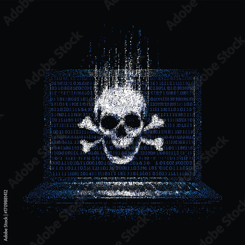 벡터 스타일 해골과 뼈 이미지, 컴퓨터 화면, 바이너리 코드 배경