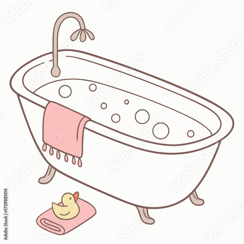 Cartoon illustration of a woman relaxing in a bathtub filled with bubbles