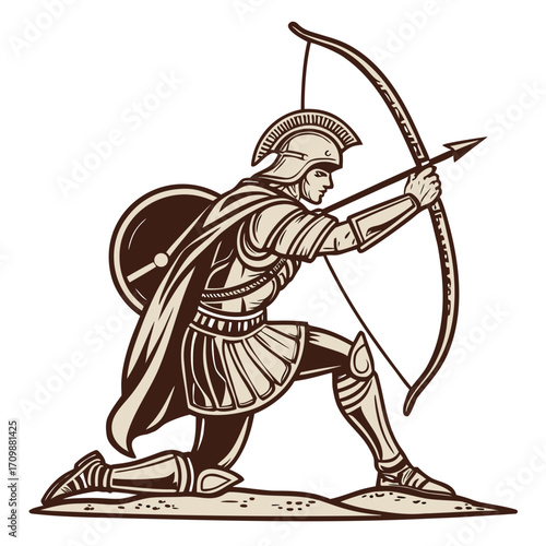 Illustration of a spartan archer aiming with bow and arrow the warrior is wearing a helmet and armor, and is kneeling on one knee, ready to strike