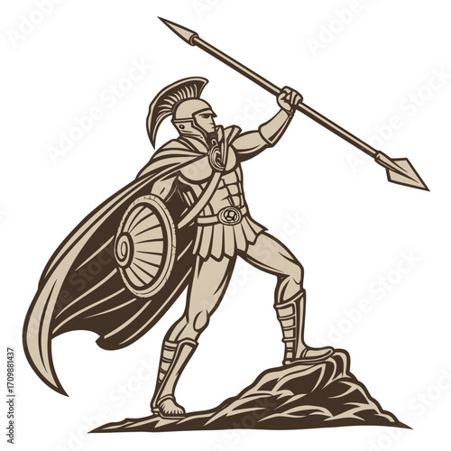 Illustration of a spartan warrior standing on a rock with a spear and shield, he is wearing a helmet and armor, and has a cape flowing behind him the spartan is a strong fighter