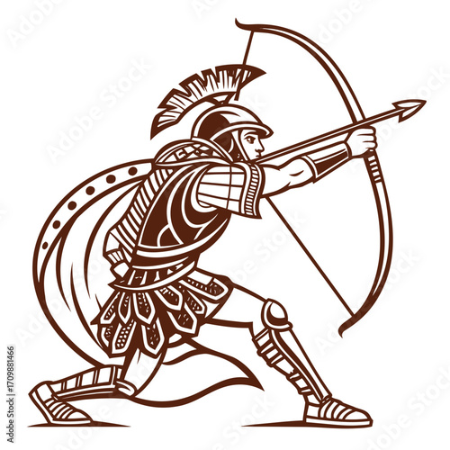 Illustration of a spartan warrior archer aiming with a bow and arrow, a symbol of strength, precision, and historical warfare in ancient greece