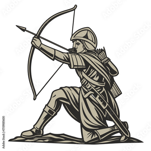 Vector art of a determined archer kneels, drawing back his bow and arrow, ready to strike, his armor and focused expression convey strength and precision in battle