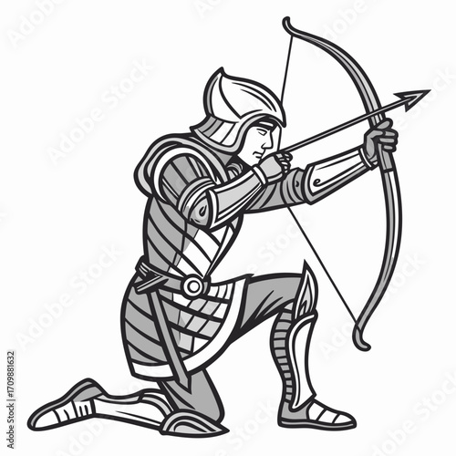 Vector art of a focused medieval archer, , kneels in preparation, drawing his bow with precision, embodying the spirit of skill and determination in marksmanship