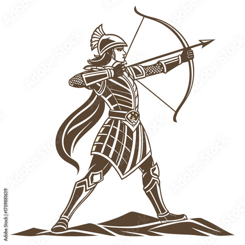 Vector art of a determined female warrior, clad in ornate armor and a helmet, stands poised with a bow and arrow, ready to strike with precision and skill