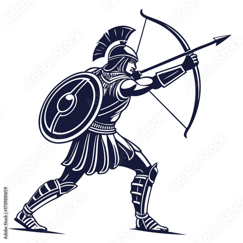 Vector art of a formidable spartan warrior, , is depicted in a dynamic pose, drawing back his bow with unwavering focus, shield at the ready, embodying strength and precision