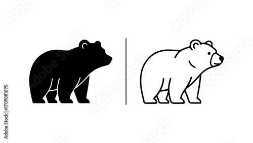 Bear silhouette and outline illustration side view.