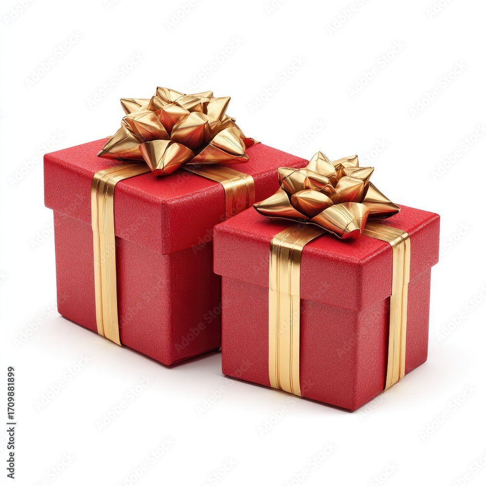 Obraz premium Two red gift boxes with gold ribbons and bows