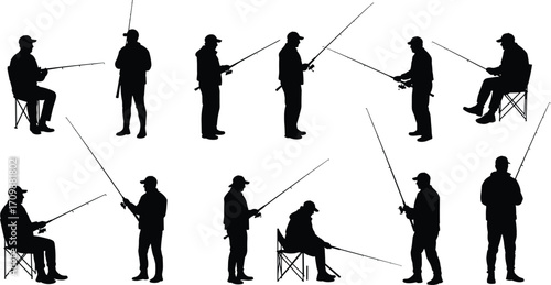 Fishing silhouettes vector, anglers sitting and standing with rods, outdoor leisure activity, hobby, sport, lifestyle, minimal illustration collection