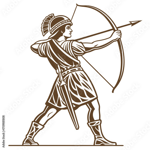 Vector art of a stylized illustration of a roman archer with a helmet and sword, drawing back his bow and arrow, he is wearing a tunic and boots, ready to fire