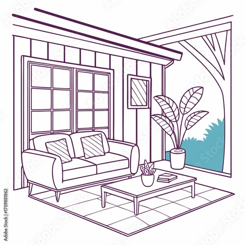 Vector art of charming outdoor living space with a cozy sofa, coffee table, and lush plants, creating a serene and inviting atmosphere for relaxation and enjoyment of nature