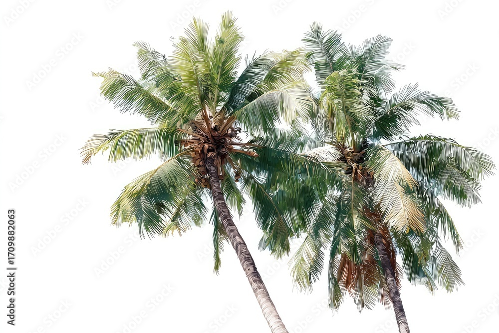 Obraz premium Two coconut palms rise against a white background